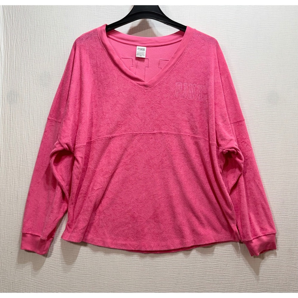 PINK‎ Victoria's Secret Spirit Jersey Womens XL Pink Terry Cloth V-Neck Pullover